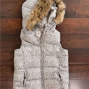 GAP Girls Light Gray Floral Puffer Vest with Faux Fur Hood